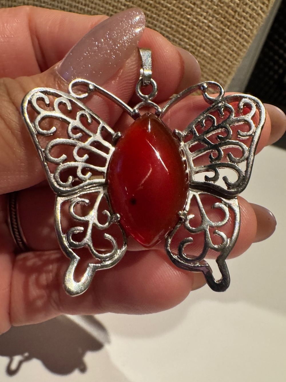 Carnelian Silver tone  Butterfly Pendant Necklace with Red Stone